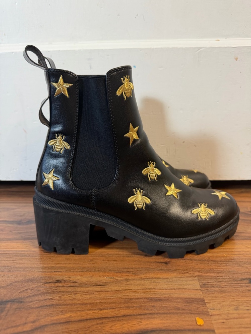 Gucci Black Leather Ankle Boots with Gold Bee & Star Embroidery